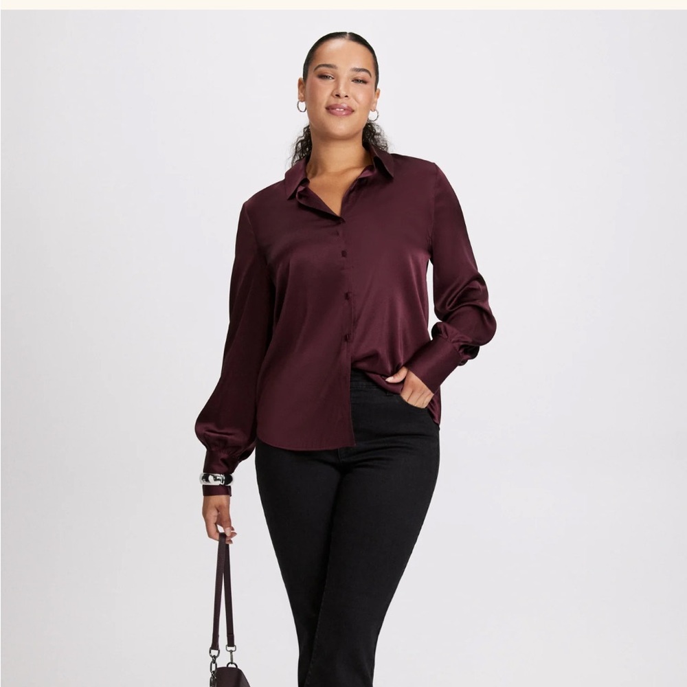 Laura Satin Button Down Long Sleeve Blouse Plum